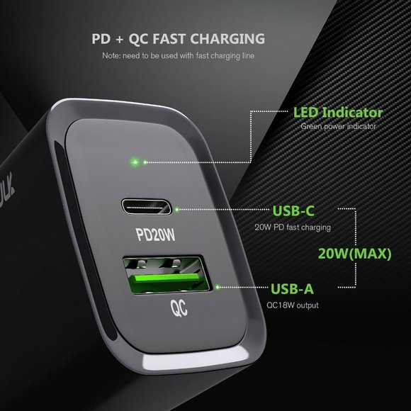 Esoulk Black 20W Fast Charger Dual USB C Wall Charger iPhone13/12/X/Galaxy/Note - Picture 3 of 6